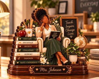 Personalized Black Woman Teacher Decor, Custom Name Teacher Desk Sign, African American Educator Gift, Teacher Appreciation Wooden Block