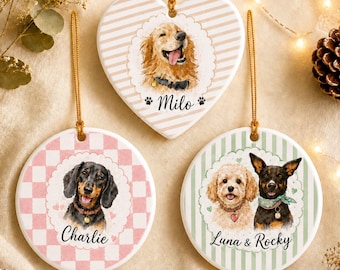 Gepersonaliseerde aquarel foto huisdier ornament, multi huisdier keramisch ornament cadeau, gestreepte hond en kat ornament, huisdier verlies herinneringscadeau