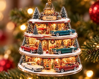 Personalized Classic Car Garage Christmas Ornament, Custom Name Vintage Car Collector Gift, Auto Enthusiast Garage Keepsake for Him