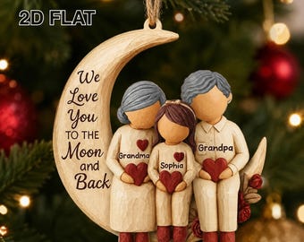 Oma und Enkelkinder auf dem Mond – Personalisierter Holzschmuck, „Wir lieben dich bis zum Mond und zurück“-Familienerinnerungsstück, Weihnachtsgeschenk mit den Namen der Enkelkinder