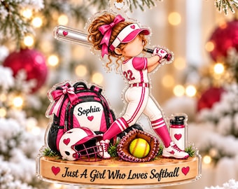 Gepersonaliseerd softbalmeisje-ornament, cadeau met aangepaste naam voor een softbalspeler, aandenken voor een meisje dat van softbal houdt, teamkerstcadeau voor haar