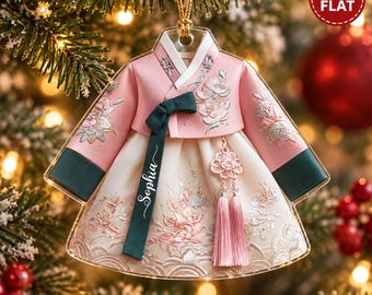 Gepersonaliseerd Koreaans Hanbok-ornament, Koreaans Hanbok-jurk cadeau met eigen naam, traditioneel Aziatisch cultureel aandenken, feestdecoratie 2026