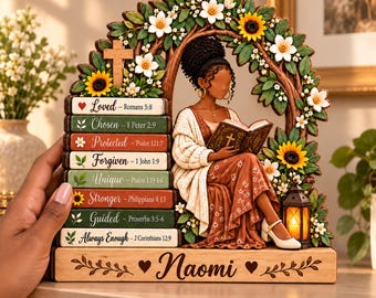 Personalized Christian Black Woman Wooden Block, Bible Verse Reading Woman Decor, Custom Name Faith Bookshelf Sign, Gift for Christian Women