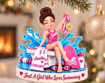 Personalized Swimming Girl Christmas Ornament, Just A Girl Who Loves Swimming, Custom Name Swimmer Gift, Swim Team Medal Keepsake for Her