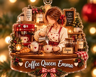 Personalized Coffee Queen Christmas Ornament, Custom Name Barista Gift, Espresso Machine Coffee Lover Keepsake, Coffee Mom Gift for Her