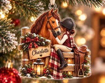 Gepersonaliseerd acryl ornament met paardenmeisje, cadeau voor paardrijdster, aandenken voor paardenliefhebbers, kerstornament voor cowgirls, cadeau voor paardrijden 2026
