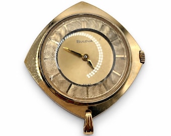 Vintage Bulova Pendant Watch, Gold Tone Geometric Case, Swiss Wind Up