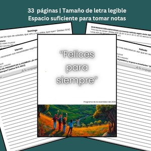 Peut inclure: Un livret avec le texte "Felices para siempre" au centre, entouré de pages avec du texte et des lignes pour les notes. Le livret contient 33 pages avec une taille de police lisible et de l'espace pour les notes. Le fond est de couleur sarcelle.