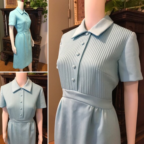 Vintage 1970s Baby Blue Pastel Shirt Waist Midi Dr