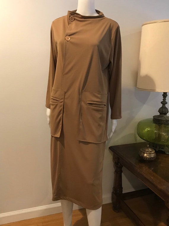 Vintage 1940s Mod chocolate long sleeve Midi dres… - image 1