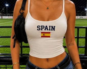 Spain Soccer Crop Tank Top, Spanish Flag Futbol Cami, Embroidered World Cup Gameday Outfit, Cute Y2K Fan Gift for Women