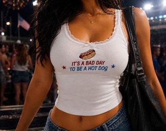 It's A Bad Day To Be A Hot Dog Lace Trim Tank Top Embroidered,4th of July Funny Summer, Patriotic BBQ,Y2K Coquette Shirt,Party HotDog Outfit