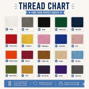 Pu&ograve; includere: Una tabella colori per filati con venti campioni numerati ed etichette che includono White, Wolf, Black, Kelly Green, Navy Blue, Crimson Red, Sunflower, Bubblegum, Royal Blue, Pink, Bright Orange, Maroon, Golden Oak, Bisque, Sky Blue, Camo Green, Gold, Blue Purple, Raven e Dark Grey.