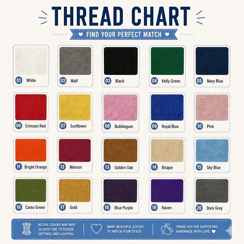 Pu&ograve; includere: Una tabella colori per filati con venti campioni numerati ed etichette che includono White, Wolf, Black, Kelly Green, Navy Blue, Crimson Red, Sunflower, Bubblegum, Royal Blue, Pink, Bright Orange, Maroon, Golden Oak, Bisque, Sky Blue, Camo Green, Gold, Blue Purple, Raven e Dark Grey.