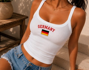 Germnay Flag Crop Tank Top Embroidered,Soccer Game Day Outfit,World Cup Apparel,German Pride Clothing Gift for Her,Women Fan Y2K Ribbed Cami