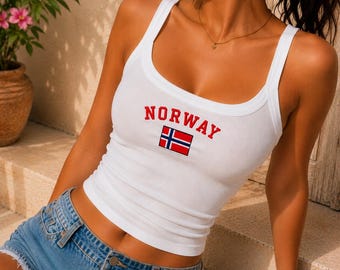 Norway Flag Crop Tank Top Embroidered Soccer Game Day Outfit,WorldCup Apparel,Norwegian Pride Gift for Her, Trendy Women Futbol Fan Y2K