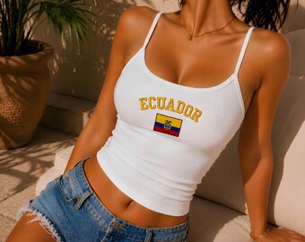 Ecuador Flag Crop Tank Top Embroidered,Soccer Game Day Outfit,WorldCup Apparel,Ecuadorian Pride Gift for Her,Women Fan Y2K Ribbed Cami