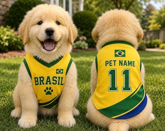 Personalized Brasil Pet Soccer Jersey, Custom Dog Cat Football Shirt with Name & Number, Puppy Sportswear Brazil,Gift for Dog Lovers
