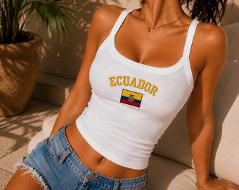 Ecuador Flag Crop Tank Top Embroidered,Soccer Game Day Outfit,WorldCup Apparel,Ecuadorian Pride Gift for Her,Women Fan Y2K Ribbed Cami