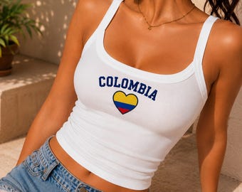 Colombia Flag Heart Crop Tank Embroidered,Soccer Game Day Outfit,WorldCup Apparel,Colombian Pride Gift for Her,Women Aesthetic Fan Y2K