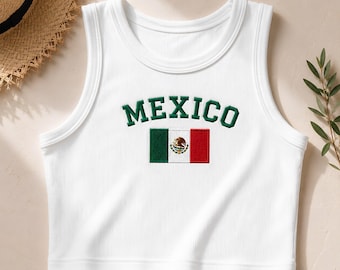 Mexico Flag Tank Top Embroidered Ribbed Crop Top,Soccer Game Day Outfit,WorldCup Apparel,Mexican Pride Top,Women Fan Y2K Summer,Gift for Her