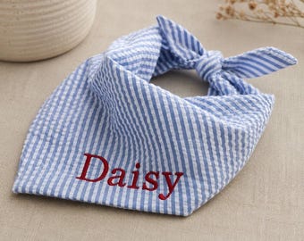 Personalized Dog Bandana with Name Embroidered Blue Seersucker Custom Pet Scarf Gift for Dog Mom Puppy Birthday Outfit Tie On Bandana