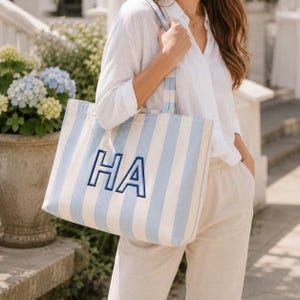 Personalized Monogram Tote Bag Striped Canvas,Beach Bag Custom Name Bridesmaid Gift,Initial Bag for Her,Bride to Be Gift,Reusable Shopper