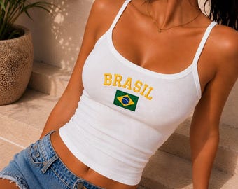 Brasil Flag Crop Tank Top Embroidered Ribbed ,Soccer Game Day Outfit,WorldCup Apparel,Brazilcore Pride Gift for Her,Women Futbol Fan Y2K