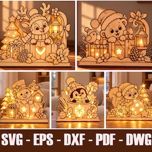 Peut inclure: Une collection de cinq modèles de boîtes lumineuses en bois découpées au laser représentant un renne, un ours, un bonhomme de neige, un pingouin et un écureuil avec des motifs de Noël. Le texte SVG - EPS - DXF - PDF - DWG est inclus.
