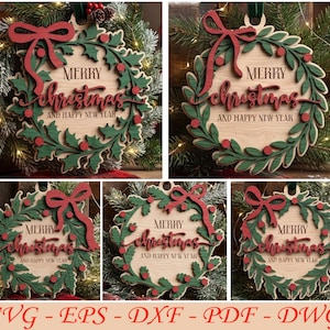 May include: A circular wooden ornament featuring a green holly wreath with red berries and a red bow. The center is engraved with the text MERRY christmas AND HAPPY NEW YEAR. The design includes layered elements and a dark green hanging ribbon.