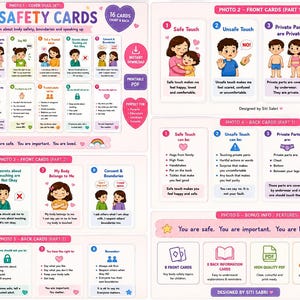 Puede incluir: Un conjunto de 16 tarjetas educativas de seguridad corporal para niños, con ilustraciones coloridas y texto sobre límites, consentimiento y contacto seguro. Las tarjetas incluyen temas como decir no, identificar partes privadas y adultos de confianza.