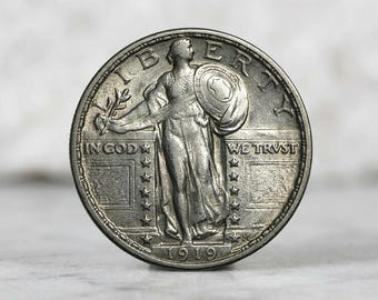 1919 Standing Liberty Quarter Dollar Silver Coins, Antique US 25 Cents Old Coins, Vintage American Collectible Coin Collection