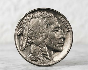 1937 Indian Head Five Cents, Old Buffalo Nickel Commemorative Coin, Antique American Coins for Collectors