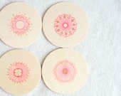 wood coasters, spirograph coasters, boho coasters, geometric coasters, light wood coasters, pink coasters, set of 4
