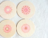 wood coasters, spirograph coasters, boho coasters, geometric coasters, light wood coasters, pink coasters, set of 4