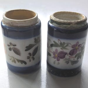 Pair of Mini Vintage Blue White Porcelain Pots  Spice Jars Toothpick Holders No Lids