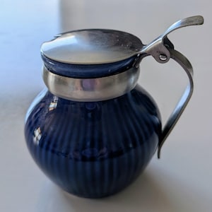 Rorstrand Cobalt Blue Mustard Pot: Mid-Century Scandinavian Gense Stainless Steel Condiment Jar