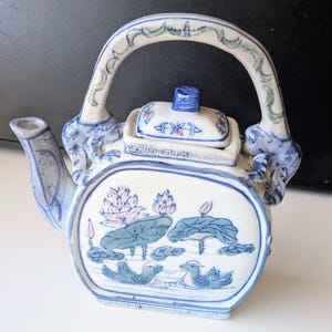Vintage Blue and White Porcelain Teapot with Frog Handles, 6.7” Purse Shaped Chinese Teapot