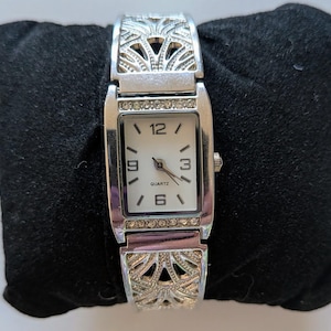 Vintage Style Silver Filigree Cuff Watch, Art Deco Rectangular Quartz, Ornate Bridal, Y2K Fashion