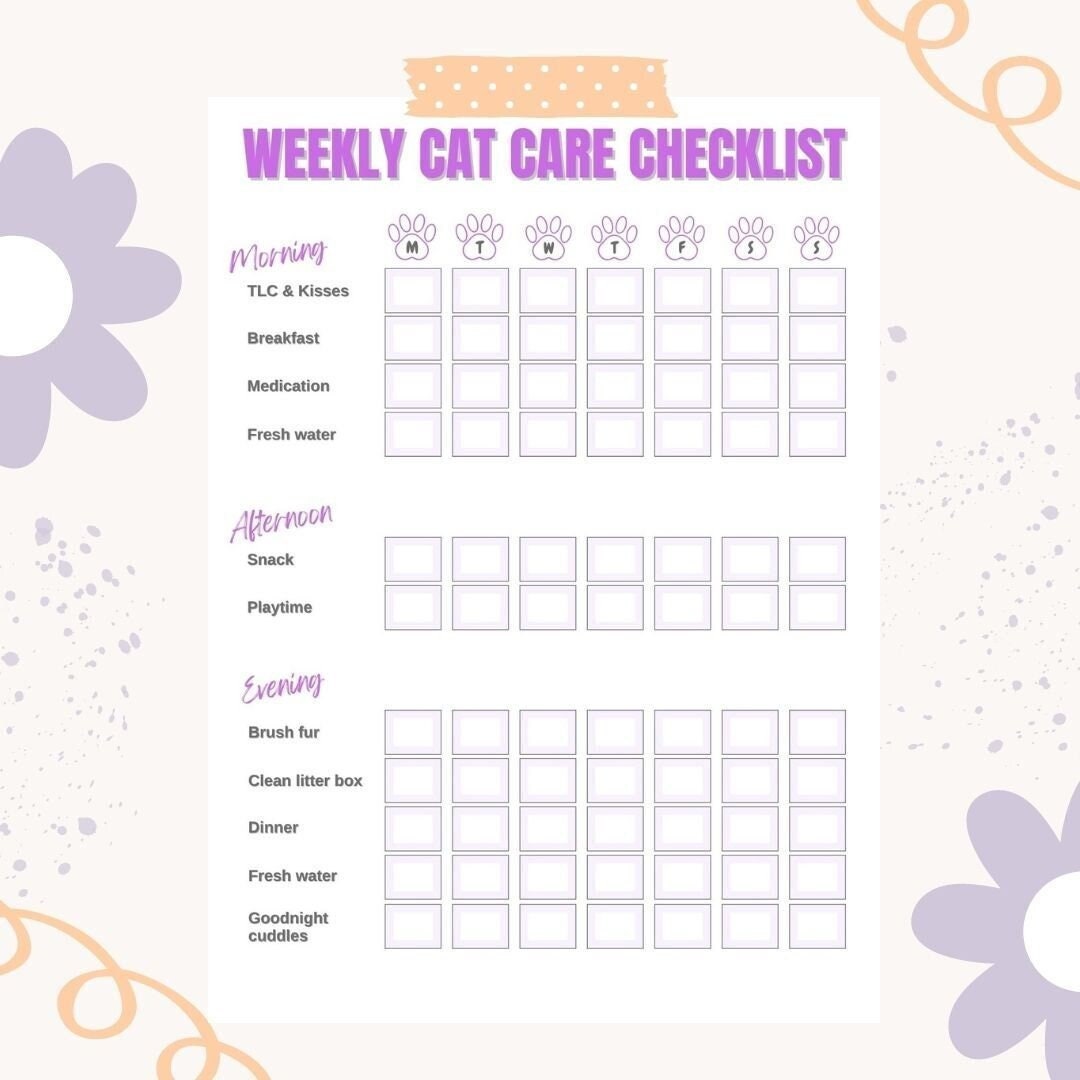 Cat Care Printable Checklist, Purple Pet Care Planner, Digital A4 PDF