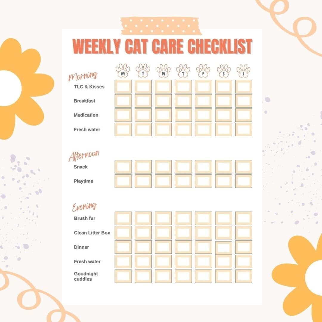 Printable Weekly Cat Care Checklist in Orange, Pet Care Planner