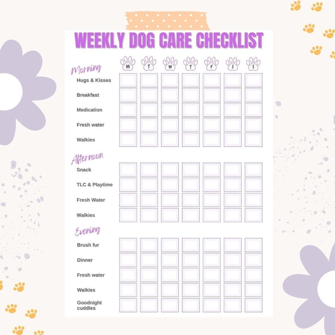 Dog Care Printable Checklist, Purple Pet Care Planner, Digital Size A4
