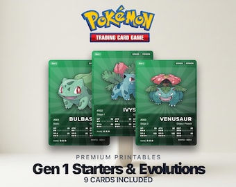 Pokémon Gen 1 Starters & Evolutions Placeholder | Bulbasaur Charmander Squirtle | Karty Pokémon do druku | Zestaw segregatorów | ANGIELSKI