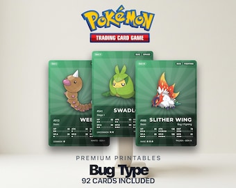 Karty zastępcze Pokémon typu Bug | Wszystkie generacje | Wypełniacz segregatora do druku w formacie PDF | A4 i Letter | 300 DPI | ANGIELSKI