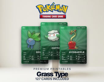 Karty zastępcze Pokémon Pokédex typu trawiastego | Wszystkie pokolenia | Wypełniacz segregatora do druku w formacie PDF | A4 i Letter | 300 DPI | ANGIELSKI