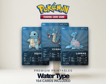 Karty zastępcze Pokémon Pokédex typu wodnego | Wszystkie pokolenia | Wypełniacz do segregatora do druku w formacie PDF | A4 i Letter | 300 DPI | ANGIELSKI