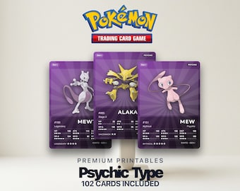 Karty zastępcze Pokémon Pokédex typu psychicznego | Wszystkie generacje | Wypełniacz segregatora do druku w formacie PDF | A4 i Letter | 300 DPI | ANGIELSKI