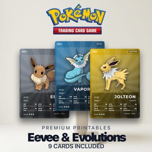 May include: Three Pokemon trading cards featuring Eevee, Vaporeon, and Jolteon. The cards have character illustrations and stats. The image includes the Pokemon Trading Card Game logo and text that reads "Eevee & Evolutions, 9 Cards Included."