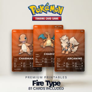 May include: Three Pokémon trading cards featuring Charmander, Charizard, and Arcanine. The cards have an orange background with character details and stats. The text "Fire Type" and "81 CARDS INCLUDED" are also visible.