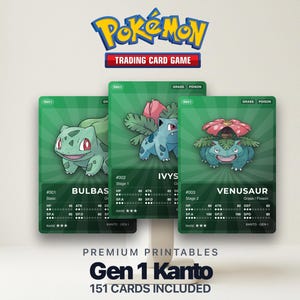 May include: Three Pokémon trading cards featuring Bulbasaur, Ivysaur, and Venusaur, with a green background and character illustrations. The Pokémon logo and "Trading Card Game" text are at the top. The text "Gen 1 Kanto" and "151 CARDS INCLUDED" are at the bottom.